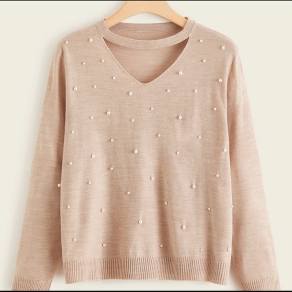 Plus Size Pearl Detail Round Neck Long Sleeve Sweater main image 1
